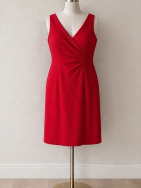 COLDWATER CREEK Red Sheath Dress 14 Sleeveless Gathered Midi Wedding Career Work